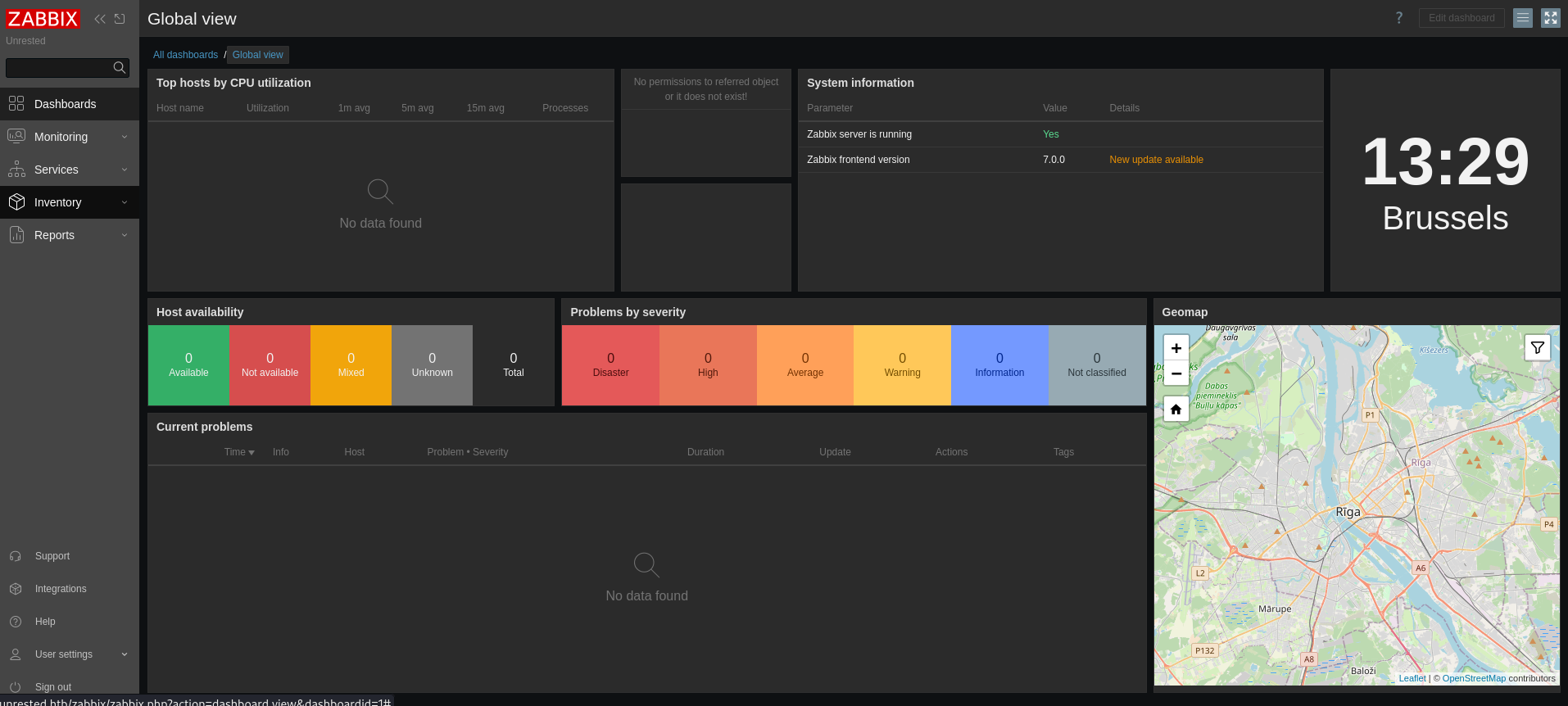 Zabbix dashboard after logging in as matthew